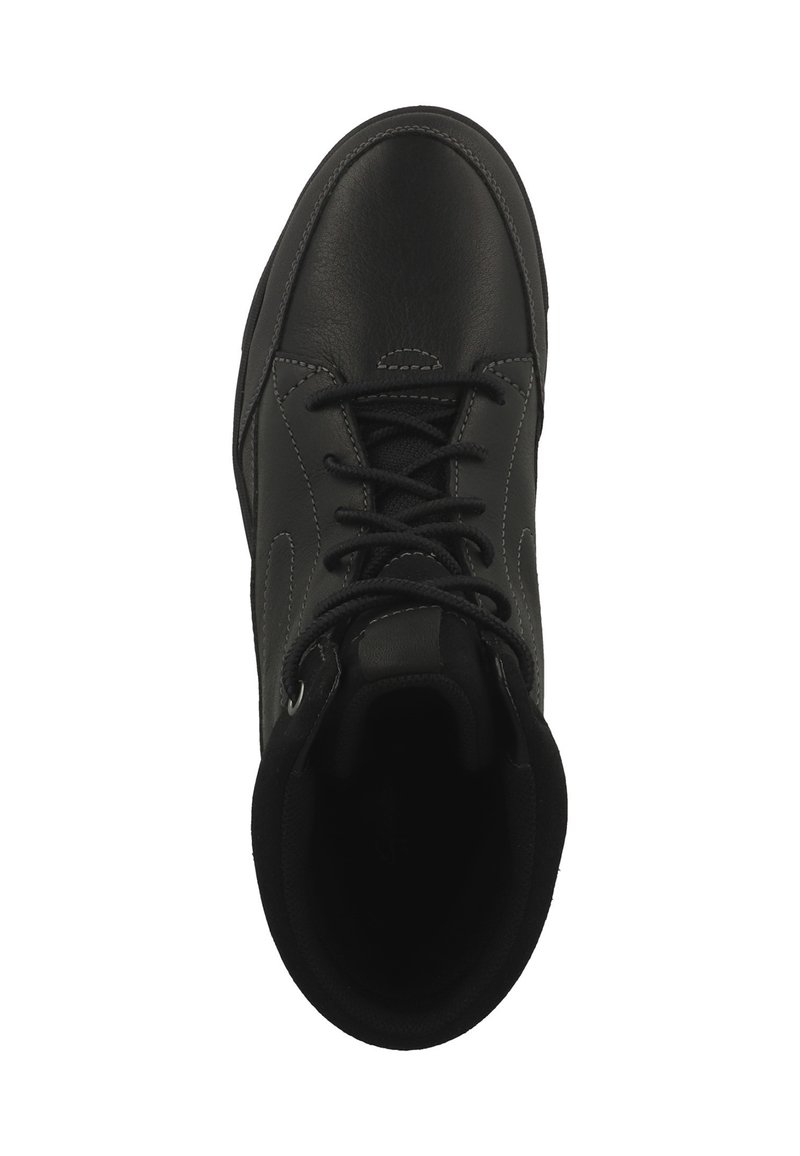 Schwarzer Lederschuh mit Schnürsenkeln, gepolstertem Knöchel und einer glatten, runden Zehenform, mit grauen Nähten und einem weichen Innenfutter.