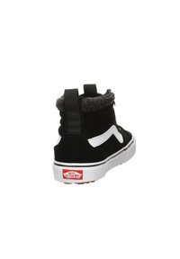 Zapatilla alta negra con franjas laterales blancas, cuello de forro polar gris, lengua acolchada y suela de goma con el logotipo rojo de Vans en el talón.