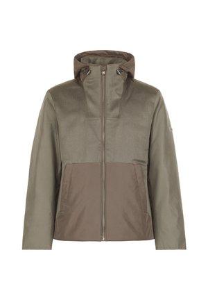 Olivegrön jacka med dragkedja framtill, huva, kontrasterande texturer och en tvåtonig design med en slät övre del och en matt nedre del.