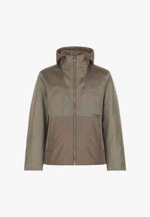 Olivegrön jacka med dragkedja framtill, huva, kontrasterande texturer och en tvåtonig design med en slät övre del och en matt nedre del.