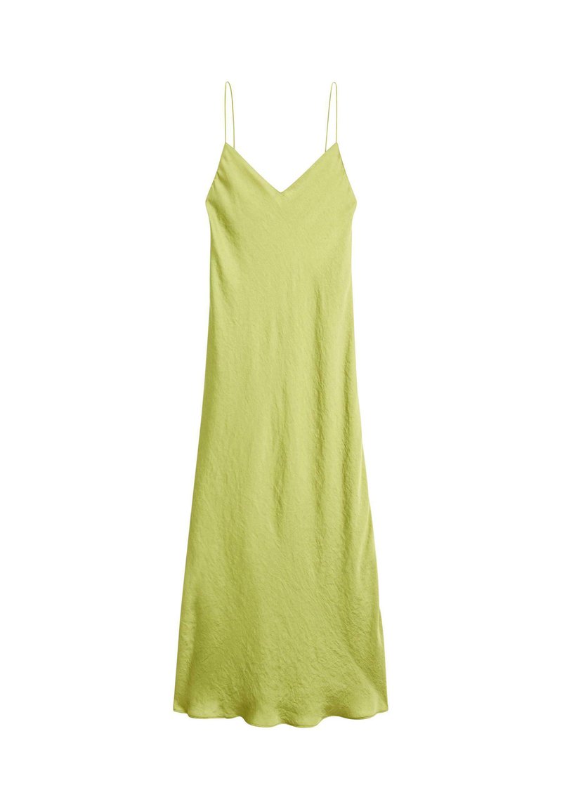Light green slip dress, featuring a V-neckline, thin spaghetti straps, and a flowing, textured fabric that drapes to mid-calf length.
