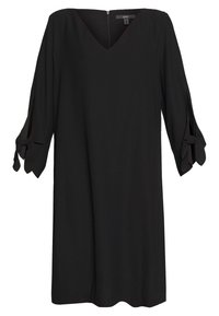 Czarna sukienka z miękkiej tkaniny, z dekoltem w kształcie V, rękawami o długości trzech czwartek z detalami w postaci węzłów oraz prostym krojem.