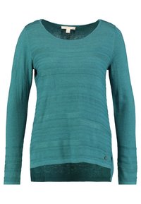 Teal long-sleeve sweater with textured horizontal stripes, round neckline, and a side slit. Features a small logo accent on the bottom left.