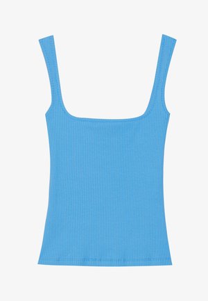 Zila ribota kūtā ar plašu kvadrātveida kakla izgriezumu, bez piedurknēm un pieguļoša silueta. Gluda faktūra ar akurāti šūtiem malām.