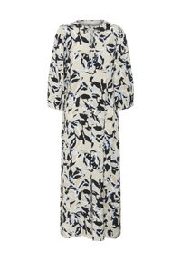Floral-patterned dress in beige, black, and pale blue. Features a round neckline, half sleeves, and a loose fit. Lightweight fabric.