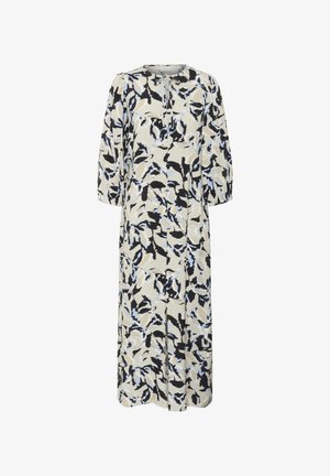 Floral-patterned dress in beige, black, and pale blue. Features a round neckline, half sleeves, and a loose fit. Lightweight fabric.