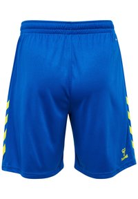 Blå sportshorts med en slät textur, utsmyckade med gula chevron-accenter på sidorna och en elastisk midja för justerbar passform.