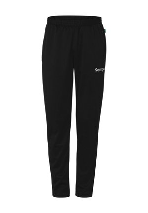 Sorte sweatpants med elastisk talje, tætsiddende ben og "Kemp" logo trykt i hvidt på fronten. Glat, blød stoftekstur.
