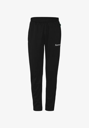 Sorte sweatpants med elastisk talje, tætsiddende ben og "Kemp" logo trykt i hvidt på fronten. Glat, blød stoftekstur.