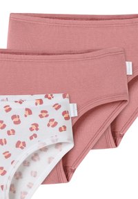 Drei Paar Damenunterhosen: zwei aus einfarbigem Rosastoff, eine weiß mit einem pinken und pfirsichfarbenen Leopardenmuster. Weiches Baumwollmaterial, dehnbund.