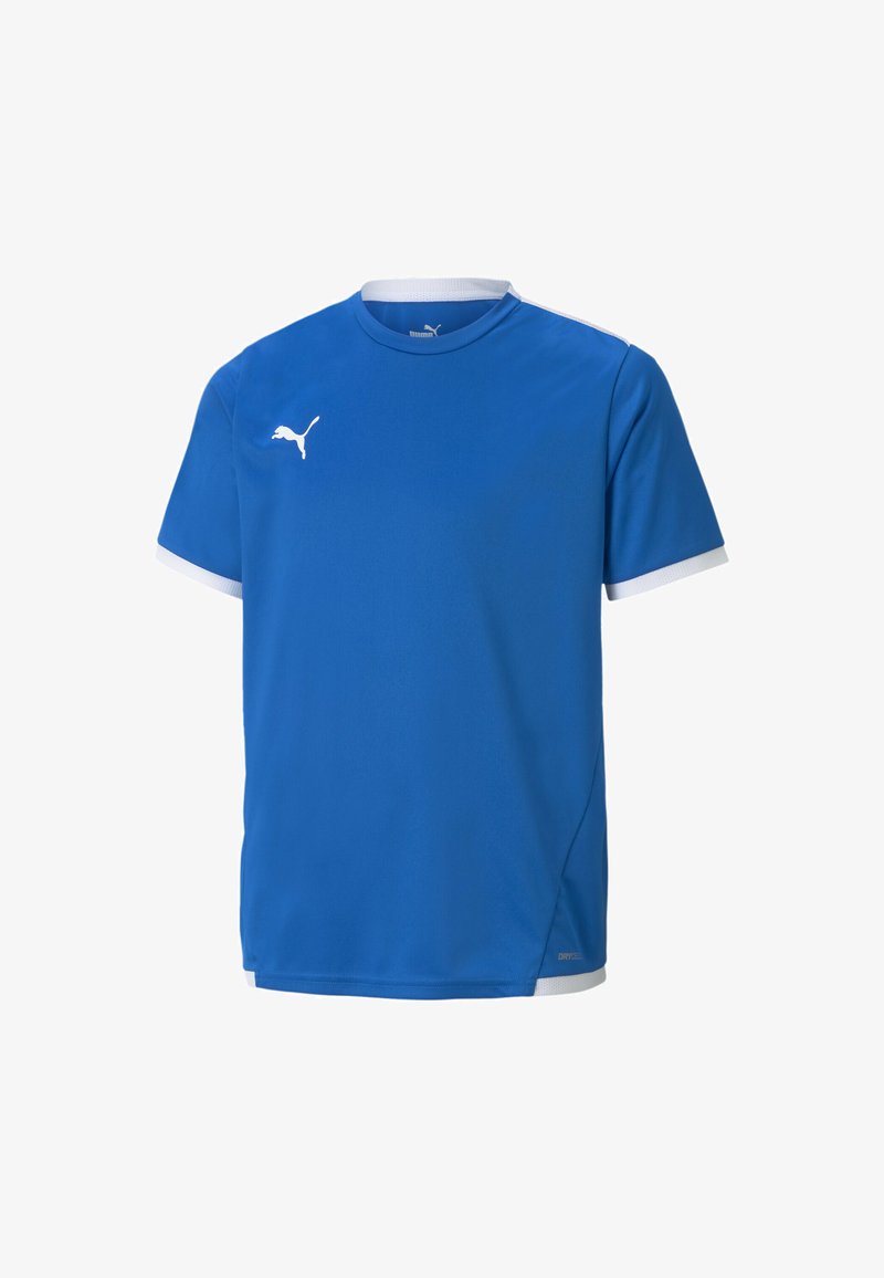 Maglietta sportiva blu con maniche corte, dettagli bianchi sul collo e sui polsini, con un piccolo logo bianco sulla zona sinistra del petto.