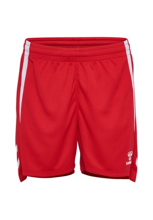 Rode sportshorts van textuurstof. Inclusief witte zijstrepen en een logo aan de onderzijde rechts. Elastische tailleband voor comfort.