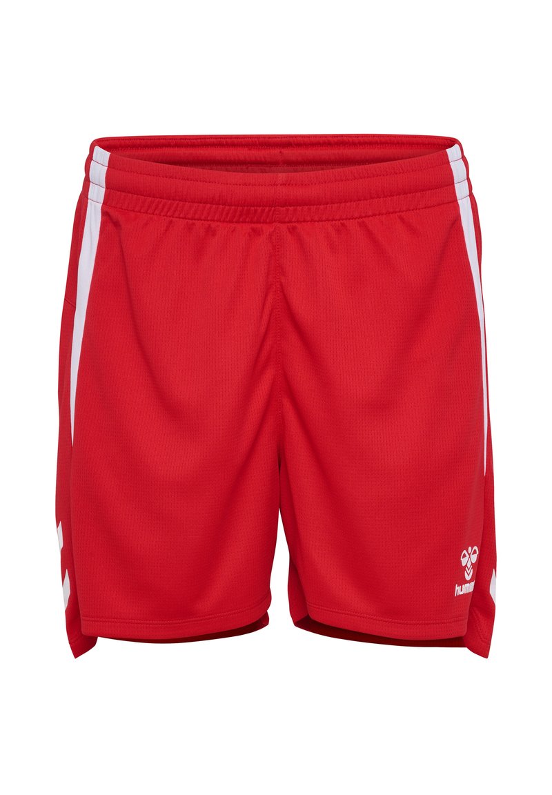 Rote Sportshorts aus strukturiertem Material. Mit weißen Seitenstreifen und einem Logo auf der unteren rechten Seite. Elastischer Bund für zusätzlichen Komfort.