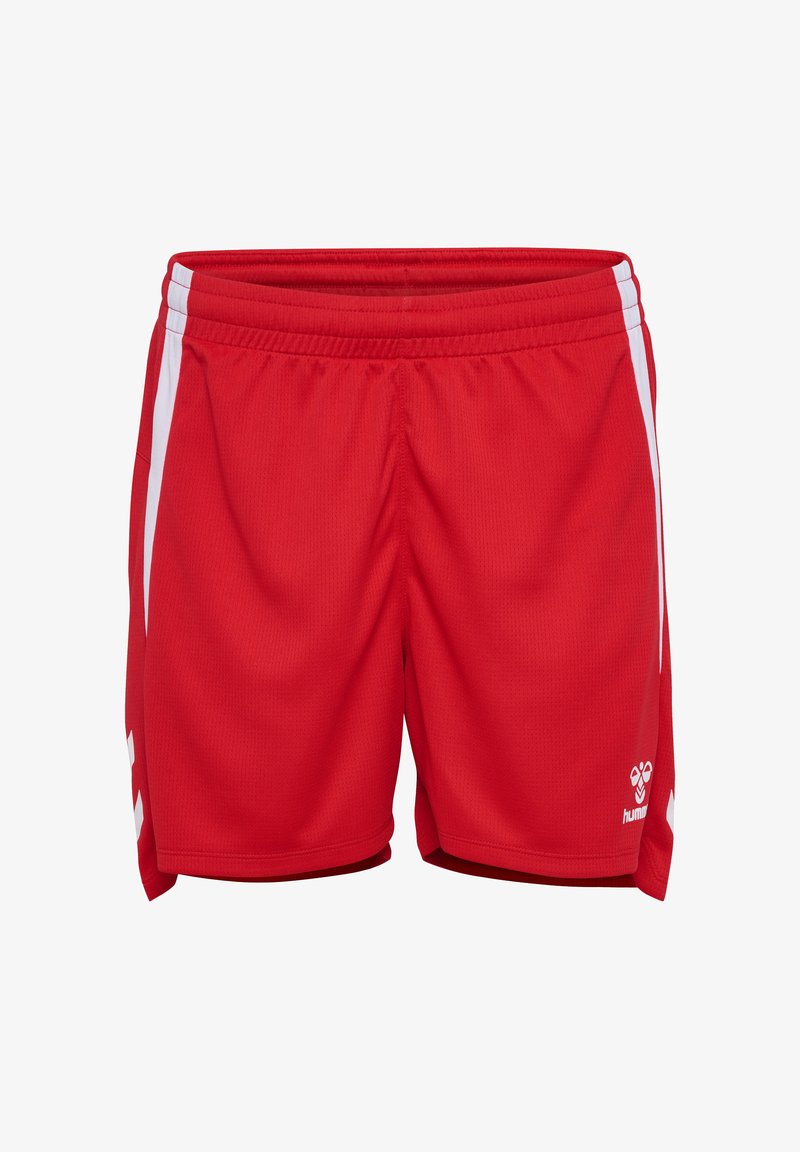 Rote Sportshorts aus strukturiertem Material. Mit weißen Seitenstreifen und einem Logo auf der unteren rechten Seite. Elastischer Bund für zusätzlichen Komfort.