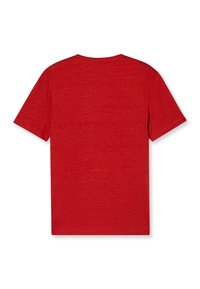 Effen rood T-shirt met korte mouwen, gezien van achteren met een ronde hals en zonder zichtbare logo's of ontwerpen.