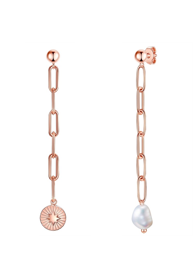 Rozā zelta auskari ar izstieptiem ķēdes posmiem, apļveida piekariņu ar radiālu tekstūru un vienu neregulāras formas pērli.