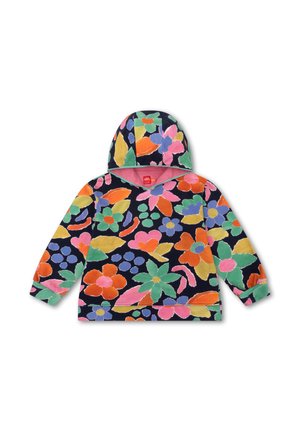 Hoodie met een donkere achtergrond en een kleurrijk bloemenpatroon in roze, oranje, groen en blauw; lange mouwen en een ontspannen pasvorm.
