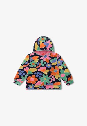 Hoodie met een donkere achtergrond en een kleurrijk bloemenpatroon in roze, oranje, groen en blauw; lange mouwen en een ontspannen pasvorm.