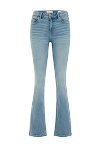 Jeans a palazzo blu chiaro in denim con vita alta, cinque tasche e una leggera scoloritura. Tessuto resistente con una texture liscia e un design classico.