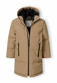 Beige puffjacka med avtagbar huva, svart foder, framzipper, två sidofickor och quiltat mönster genomgående.
