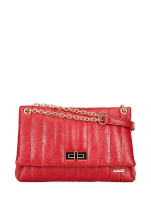 Red leather handbag with quilted design, featuring a gold chain and strap, black hardware clasp, and embossed brand detail.
