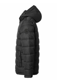 Sort dynejakke med hætte, quiltet tekstur, tydelige syninger, sidelommer og en rund logo nær venstre skulder.