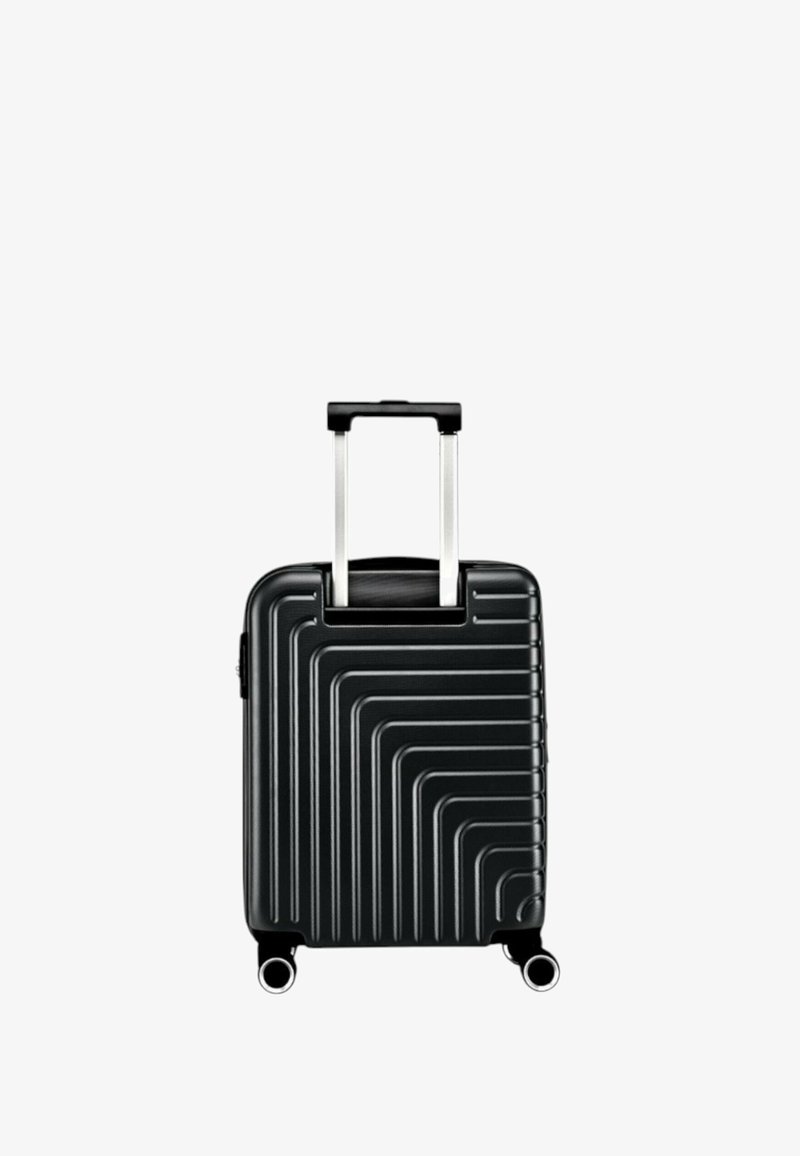 Valigia rigida nera con finitura testurizzata, caratterizzata da motivi lineari, manico retrattile e quattro ruote girevoli.