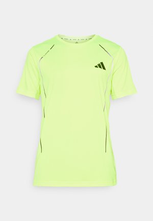 Neon yellow athletic t-shirt featuring short sleeves, black accents, and logo. Made of lightweight, breathable material with a smooth texture.
