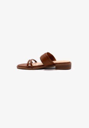 Sandale à glissière en faux cuir marron avec deux bandes, bout ouvert et un petit talon carré. La semelle intérieure est d'une teinte beige plus claire.