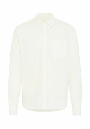 Cămașă cu mânecă lungă din bumbac off-white, având guler cu nasturi, buzunar frontal și tiv drept cu închidere prin buton.