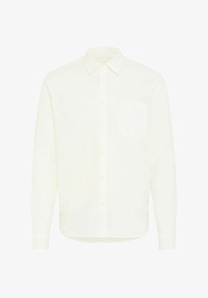 Μακρυμάνικη μπλούζα από εκρού βαμβάκι, με κουμπωτό γιακά, μπροστινή τσέπη και ίσια ραφή με κλείσιμο κουμπιού.