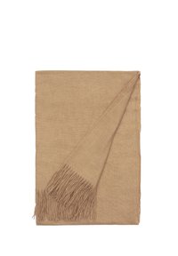 Zachte, lichtbruine woldeken met franjes. Rechthoekige vorm met een gladde textuur, geschikt voor warmte of decoratieve doeleinden.