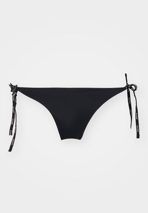 Black bikini bottom with a simple design, featuring tie-side strings with branding. Made of smooth fabric, offering a minimalistic look.