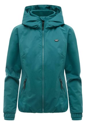 Teal vanntett hettejakke med frontglidelås, glidelåslommer på sidene, lange ermer og elastiske mansjetter, designet for utendørs bruk.