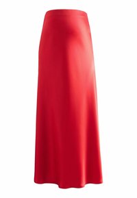 Küsimus: kuidas red satin maxi seeliku kujundust nimetan? Seeliku värv on punane, valmistatud satiinist, pehme tekstuuriga, kõrge vöökohaga ja voogava siluetiga, mis ulatub pahkluuni. Mustreid või aksessuaare ei ole.