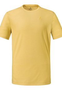 Gelbes T-Shirt mit kurzen Ärmeln und Rundhalsausschnitt, aus weichem Stoff gefertigt, mit einem kleinen Logo-Akzent auf der oberen linken Brust.