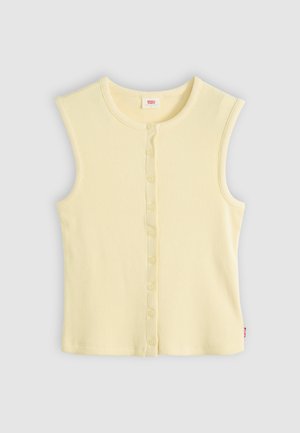 Haut sans manches jaune pâle côtelé avec boutons sur le devant, col rond, présenté à plat sur un fond blanc.