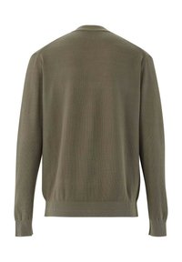 Olivgrüner gestrickter Cardigan, lange Ärmel, gerippte Bündchen und Saum, strukturierter Stoff, offenes Vorderteil mit weichem Kragen, Rückansicht angezeigt.