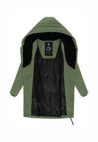 Grønn parkasjakke med hette, svart mønstrete innerfôr og fleecepaneler inni hetten og på skuldrene, åpnet og lagt flatt.