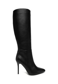Black leather knee-high boot with a pointed toe and stiletto heel, featuring a smooth texture and minimalistic design.