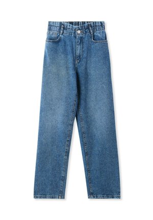 Jeans in denim azzurro chiaro con gamba dritta, dotati di cinque tasche, chiusura con bottone e una trama leggermente sbiadita.