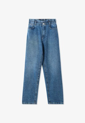 Jeans in denim azzurro chiaro con gamba dritta, dotati di cinque tasche, chiusura con bottone e una trama leggermente sbiadita.