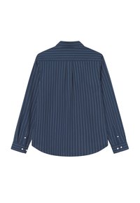 Tengerészeti kék, hosszú ujjú ing, függőleges fehér csíkozással, gombos gallérral, hátsó redővel és gombos mandzsettával. Simább anyag textúra.