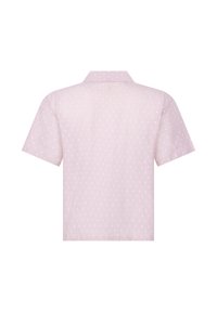 Korte mouwen shirt van lichtroze stof met een gladde textuur, met een wit stippenpatroon en een kraag.