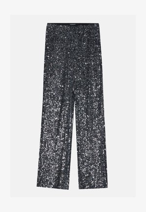 Musthave mustriga palazzo püksid, millel on laiad sääred ja elastne vöökoht, silmapaistva läikiva ja tekstureeritud pinnaga, mis peegeldab valgust.