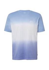 Hellblaues T-Shirt mit kurzen Ärmeln, das einen Ombre-Effekt aufweist, der von hellblau oben zu dunklerem Blau unten übergeht.
