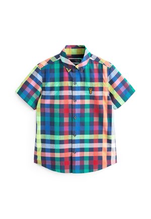 Chemise à manches courtes boutonnée avec motif à carreaux multicolores et petit emblème brodé de cerf sur la poitrine gauche.