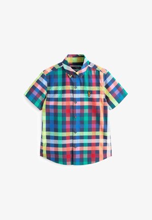 Chemise à manches courtes boutonnée avec motif à carreaux multicolores et petit emblème brodé de cerf sur la poitrine gauche.