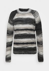 Langärmliger Strickpullover mit schwarzen, grauen und beige horizontalen Streifen sowie einem gerippten Rundhalsausschnitt.