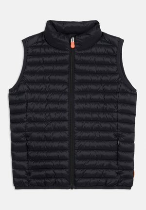 Fekete steppelt ujjatlan mellény magas gallérral és központi cipzárral, melyen kis narancssárga húzófül található.